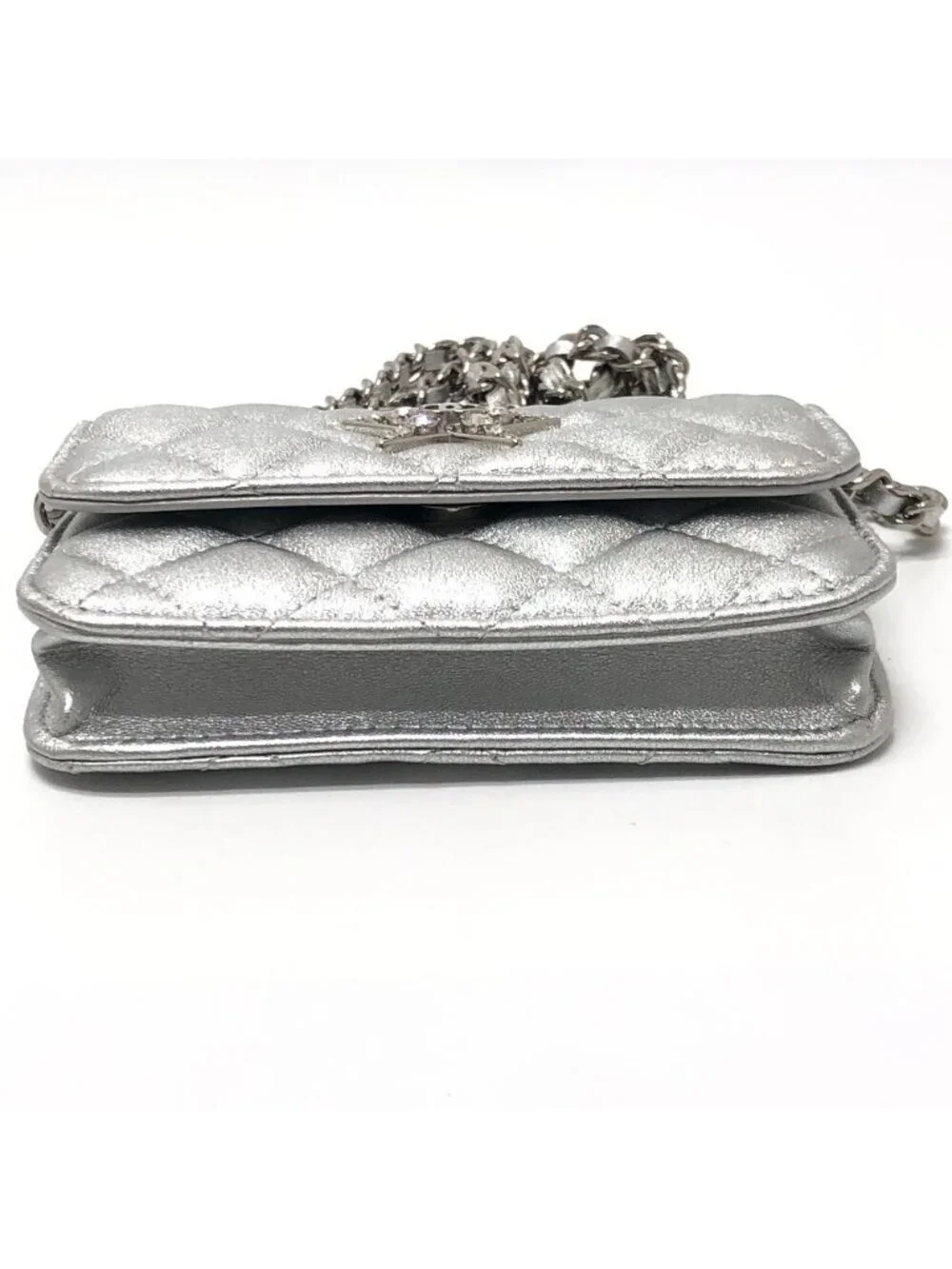 Chanel Shoulder Bag Star Rhinestone Leather Silver